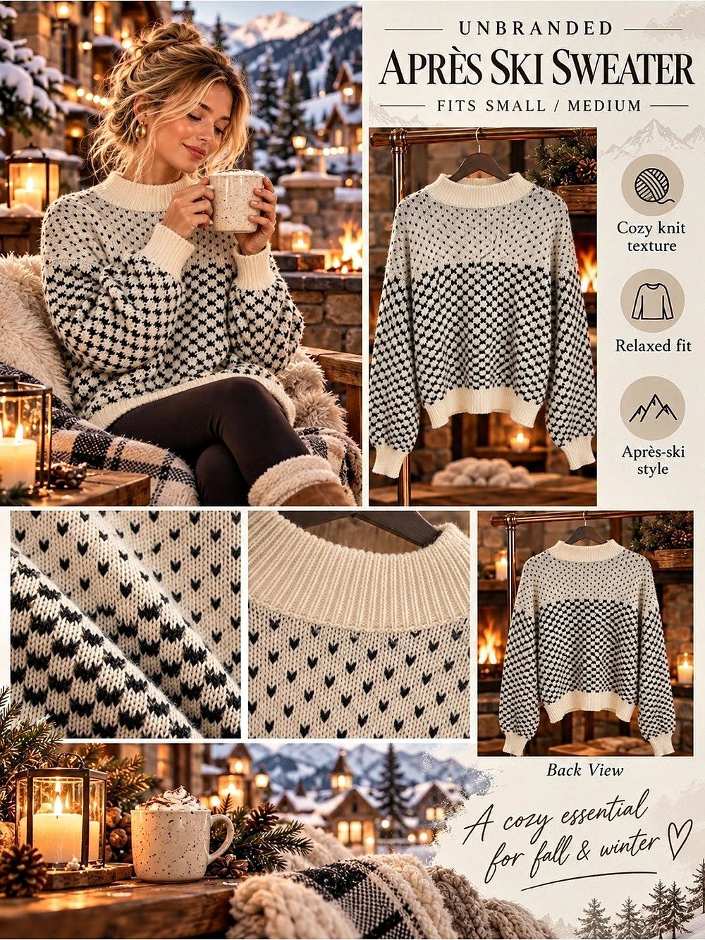 Après Ski Sweater Geometric Knit Sweater in Cream & Black Size Small/Medium